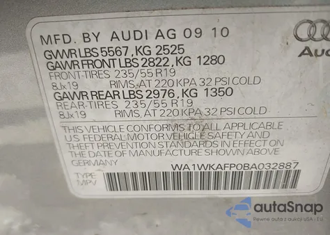 2011 Audi Q5 3.2 Premium Plus z USA, uszkodzony, nr VIN WA1WKAFP0BA032887